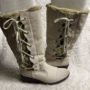 Brilliant Women leather suede Beige knee high wedge Boots  lace up accent SZ10M